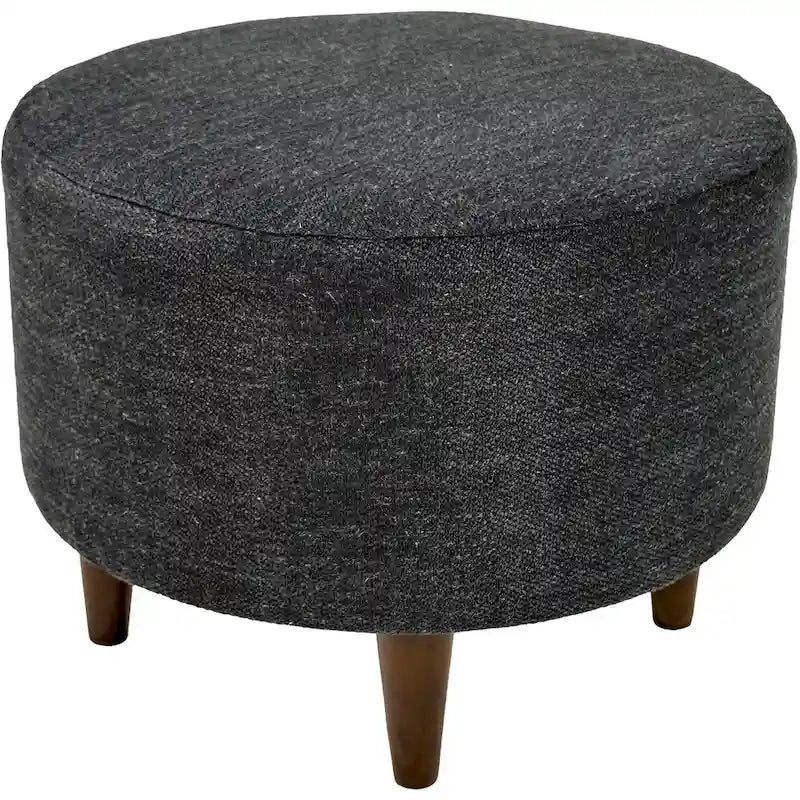 Ivory / Charcoal Patterned Fabric Round Ottoman with Espresso Wood Legs for 1 Person