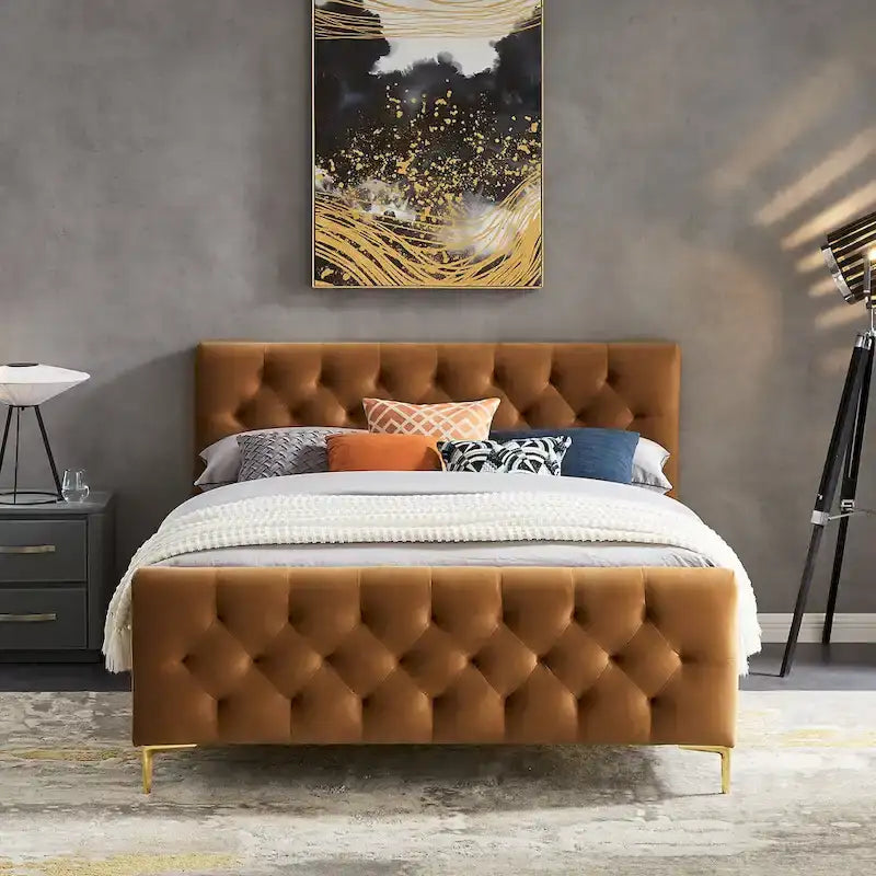 Tan Velvet Button-Tufted Mid-Century Platform Bed with Tapered Legs for 2 Person