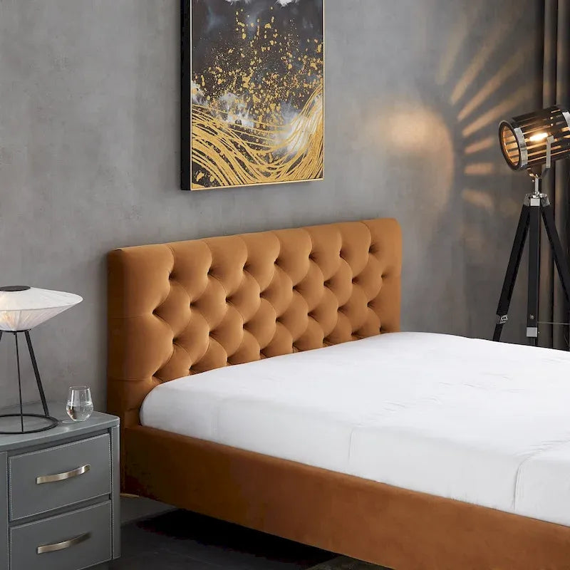 Tan Velvet Button-Tufted Mid-Century Platform Bed with Tapered Legs for 2 Person