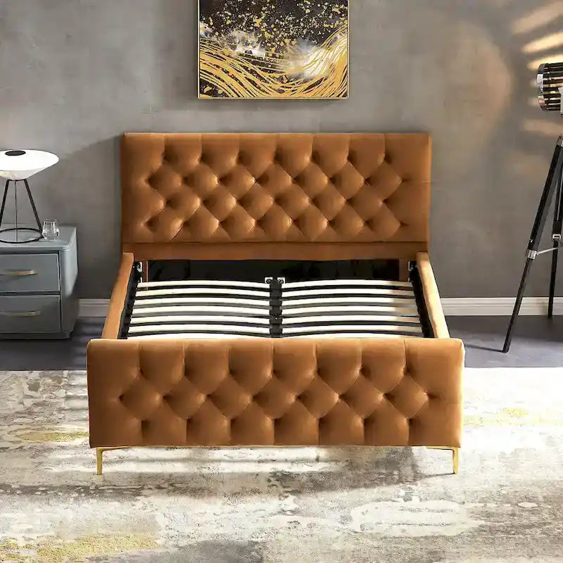 Tan Velvet Button-Tufted Mid-Century Platform Bed with Tapered Legs for 2 Person