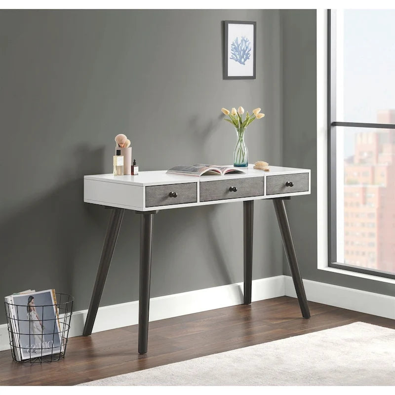 Cinnamon / White Grey Black Mid-Century 2-Drawer Vanity Desk with Flip Mirror for 1 Person