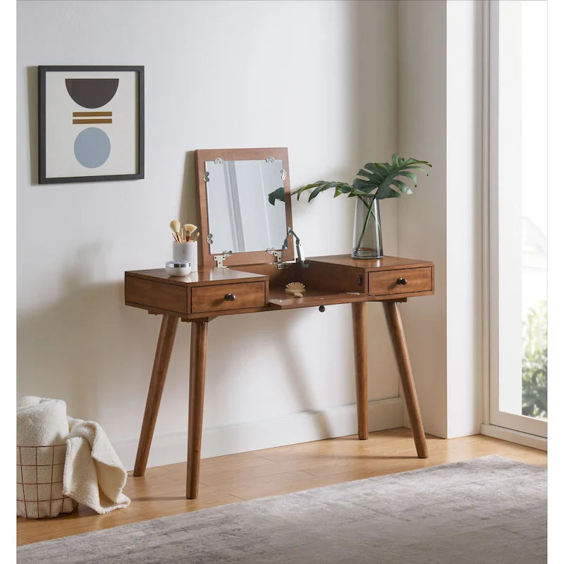 Cinnamon / White Grey Black Mid-Century 2-Drawer Vanity Desk with Flip Mirror for 1 Person