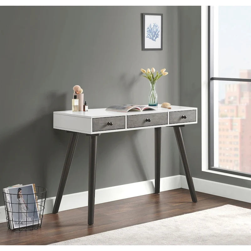 Cinnamon / White Grey Black Mid-Century 2-Drawer Vanity Desk with Flip Mirror for 1 Person