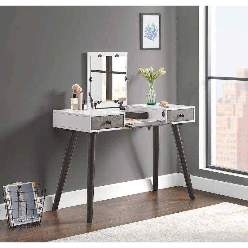 Cinnamon / White Grey Black Mid-Century 2-Drawer Vanity Desk with Flip Mirror for 1 Person