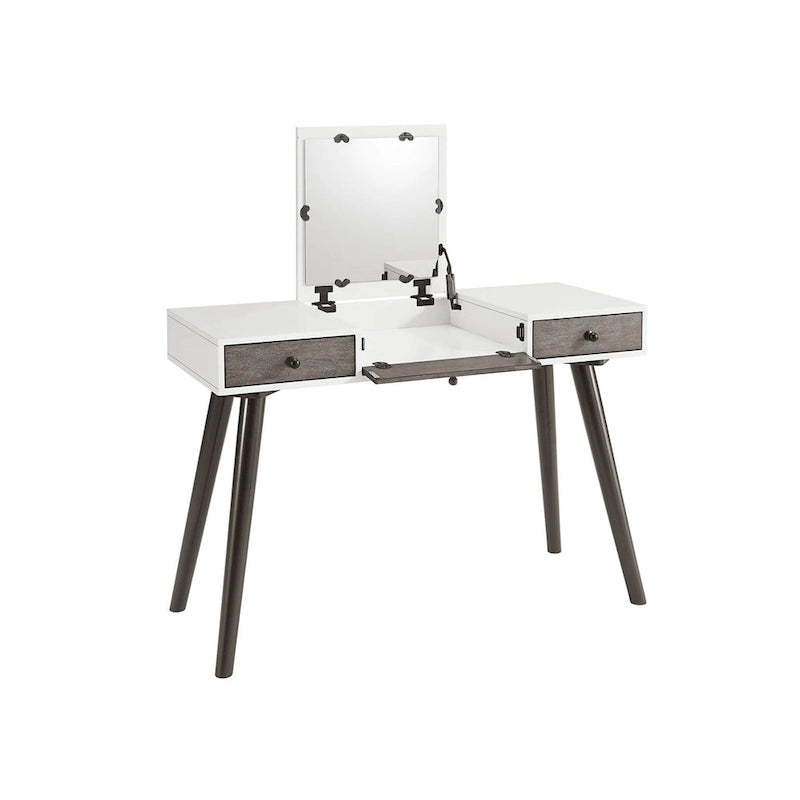 Cinnamon / White Grey Black Mid-Century 2-Drawer Vanity Desk with Flip Mirror for 1 Person