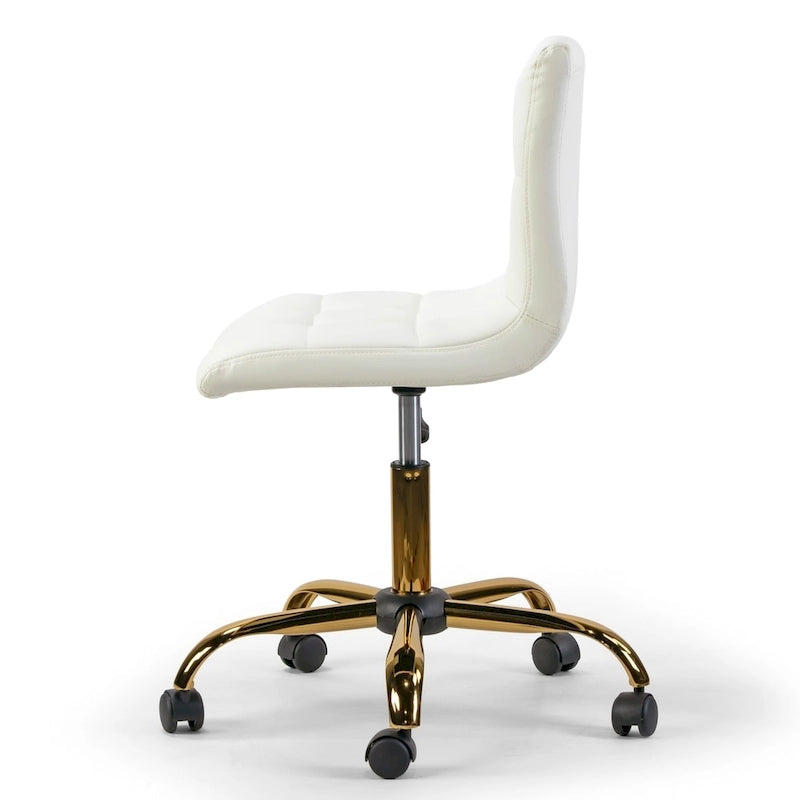 Off-White Faux Leather Armless Swivel Office Chair with Gold Base and Adjustable Height for 1 Person