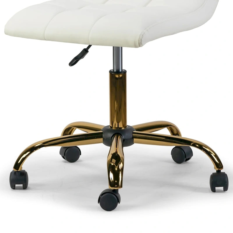 Off-White Faux Leather Armless Swivel Office Chair with Gold Base and Adjustable Height for 1 Person