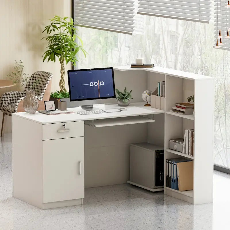 White MDF Reception Desk with Hutch, 1 Lockable Drawer, 1 Door and Keyboard Tray for 1 Person