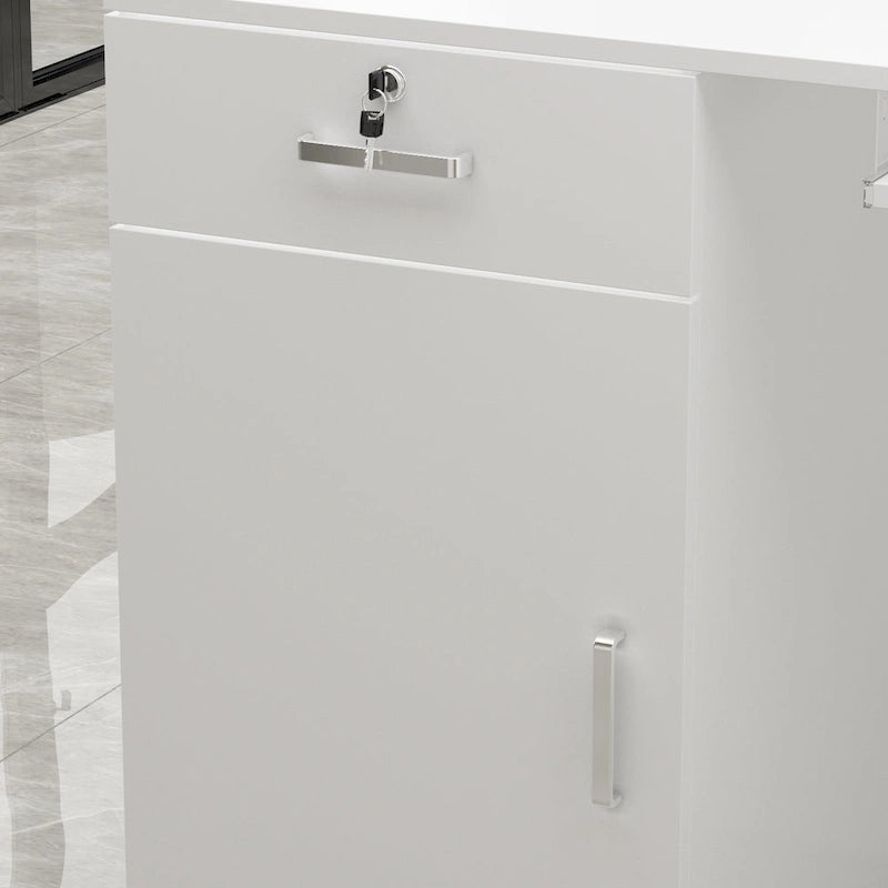 White MDF Reception Desk with Hutch, 1 Lockable Drawer, 1 Door and Keyboard Tray for 1 Person