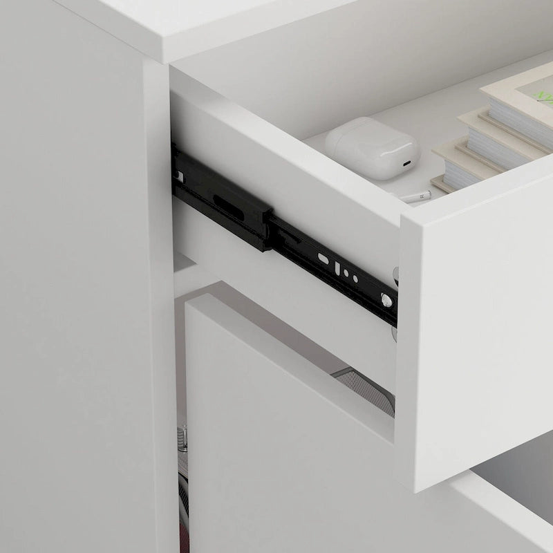 White MDF Reception Desk with Hutch, 1 Lockable Drawer, 1 Door and Keyboard Tray for 1 Person