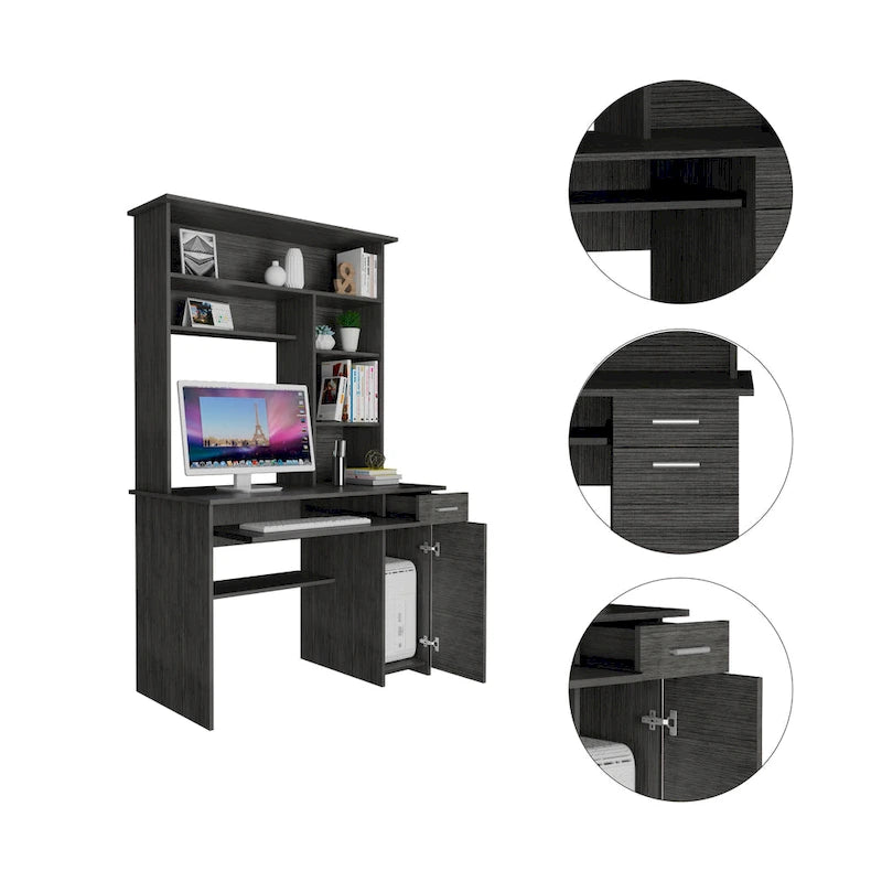 Light Grey / Dark Grey / Black Hutch Desk with 5 Shelves, Keyboard Tray, CPU Panel and Drawer for 1 Person