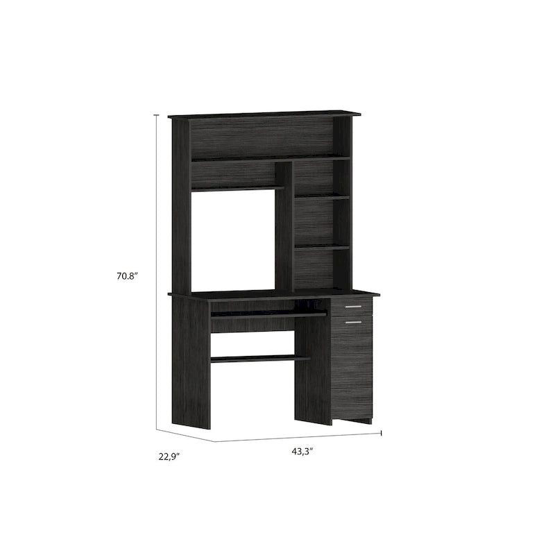 Light Grey / Dark Grey / Black Hutch Desk with 5 Shelves, Keyboard Tray, CPU Panel and Drawer for 1 Person