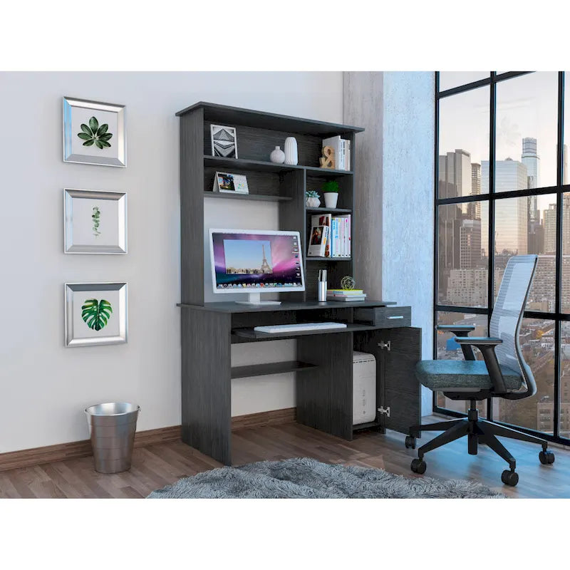 Light Grey / Dark Grey / Black Hutch Desk with 5 Shelves, Keyboard Tray, CPU Panel and Drawer for 1 Person