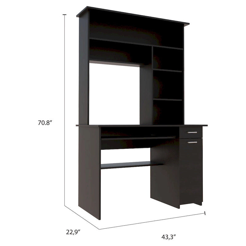 Light Grey / Dark Grey / Black Hutch Desk with 5 Shelves, Keyboard Tray, CPU Panel and Drawer for 1 Person
