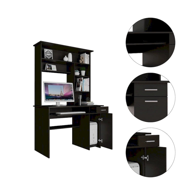 Light Grey / Dark Grey / Black Hutch Desk with 5 Shelves, Keyboard Tray, CPU Panel and Drawer for 1 Person