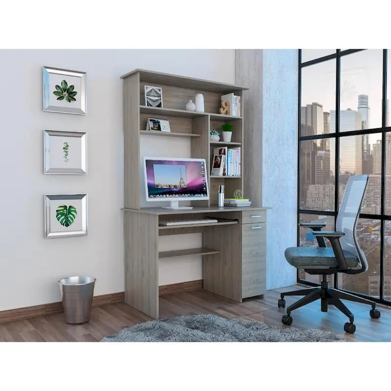 Light Grey / Dark Grey / Black Hutch Desk with 5 Shelves, Keyboard Tray, CPU Panel and Drawer for 1 Person