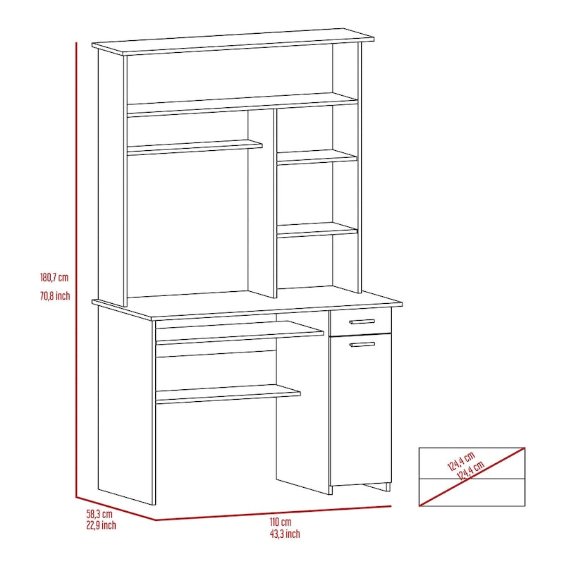 Light Grey / Dark Grey / Black Hutch Desk with 5 Shelves, Keyboard Tray, CPU Panel and Drawer for 1 Person