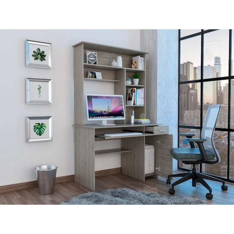 Light Grey / Dark Grey / Black Hutch Desk with 5 Shelves, Keyboard Tray, CPU Panel and Drawer for 1 Person