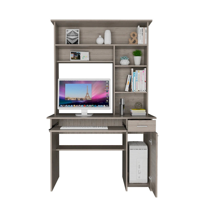 Light Grey / Dark Grey / Black Hutch Desk with 5 Shelves, Keyboard Tray, CPU Panel and Drawer for 1 Person