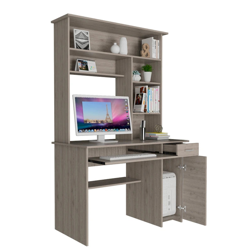 Light Grey / Dark Grey / Black Hutch Desk with 5 Shelves, Keyboard Tray, CPU Panel and Drawer for 1 Person