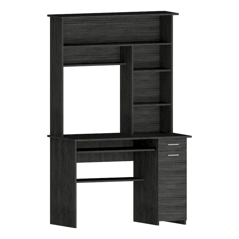 Light Grey / Dark Grey / Black Hutch Desk with 5 Shelves, Keyboard Tray, CPU Panel and Drawer for 1 Person