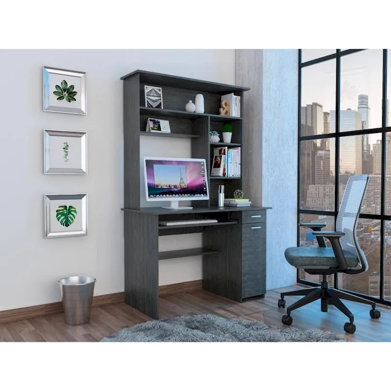 Light Grey / Dark Grey / Black Hutch Desk with 5 Shelves, Keyboard Tray, CPU Panel and Drawer for 1 Person