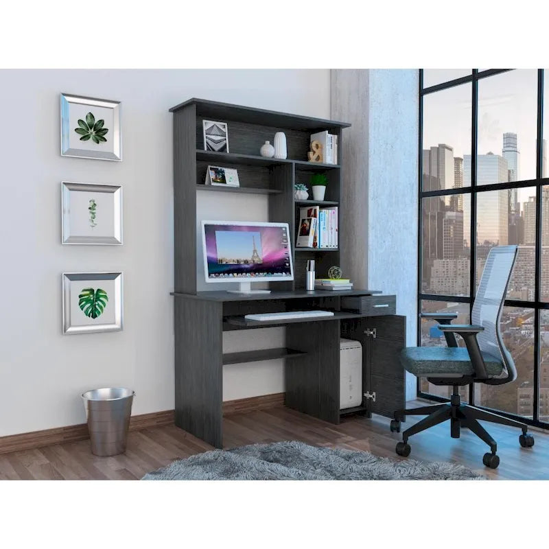 Light Grey / Dark Grey / Black Hutch Desk with 5 Shelves, Keyboard Tray, CPU Panel and Drawer for 1 Person