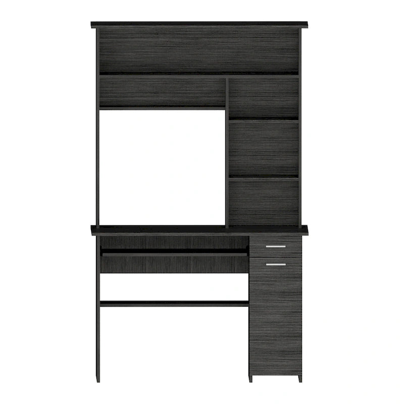 Light Grey / Dark Grey / Black Hutch Desk with 5 Shelves, Keyboard Tray, CPU Panel and Drawer for 1 Person