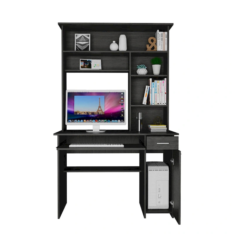 Light Grey / Dark Grey / Black Hutch Desk with 5 Shelves, Keyboard Tray, CPU Panel and Drawer for 1 Person