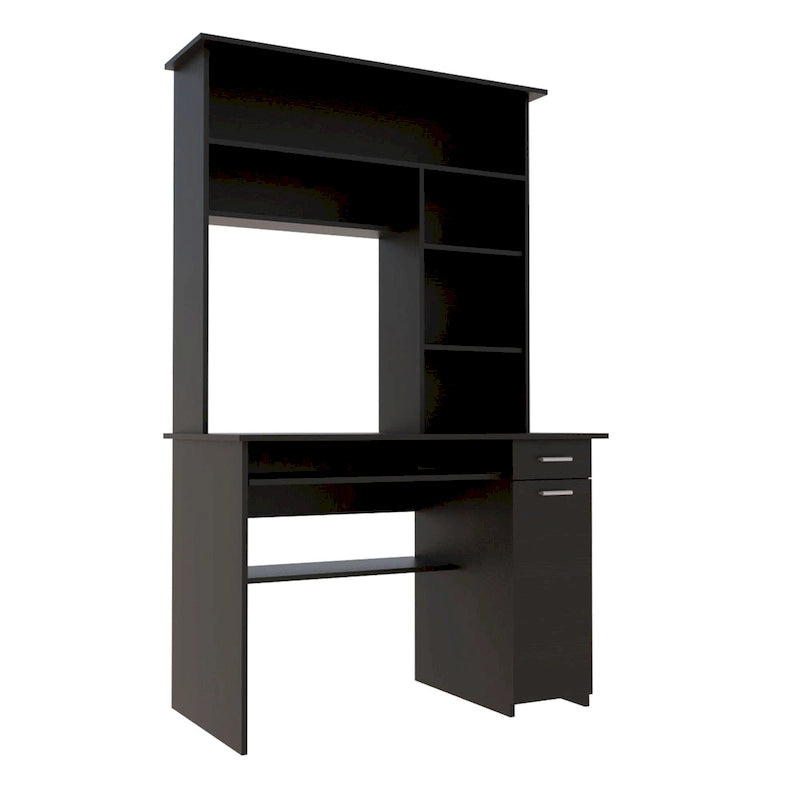 Light Grey / Dark Grey / Black Hutch Desk with 5 Shelves, Keyboard Tray, CPU Panel and Drawer for 1 Person