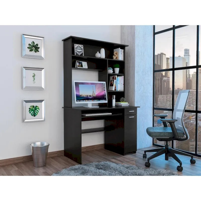 Light Grey / Dark Grey / Black Hutch Desk with 5 Shelves, Keyboard Tray, CPU Panel and Drawer for 1 Person