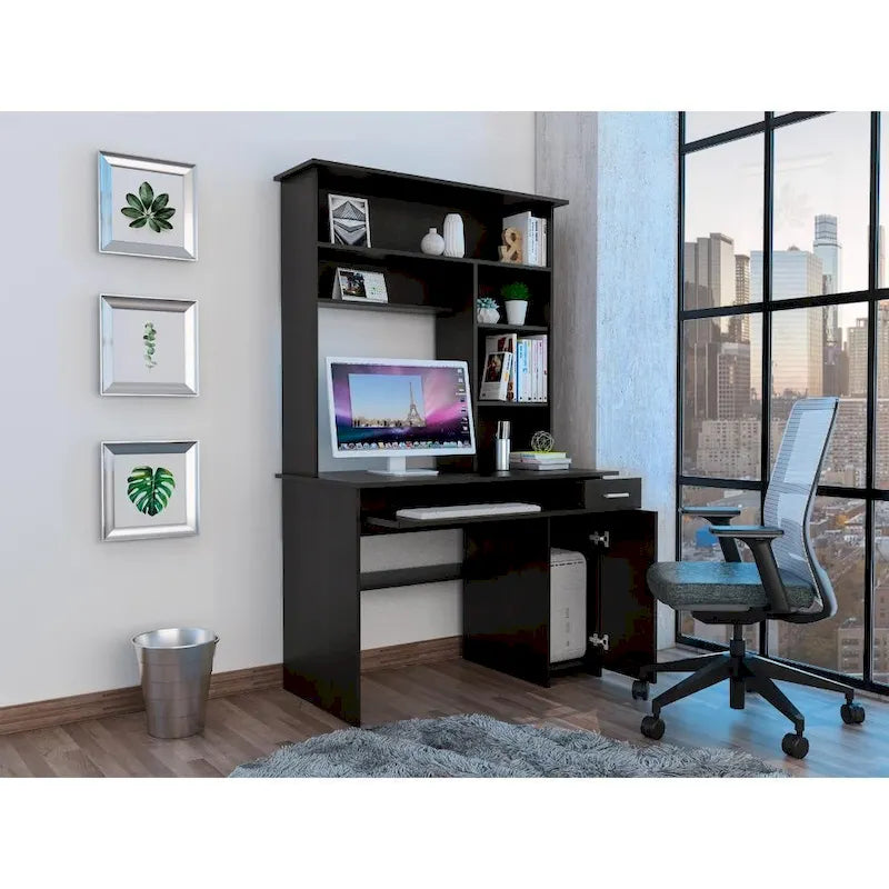 Light Grey / Dark Grey / Black Hutch Desk with 5 Shelves, Keyboard Tray, CPU Panel and Drawer for 1 Person