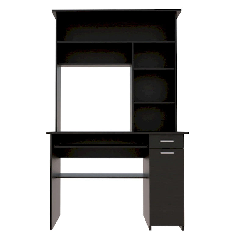 Light Grey / Dark Grey / Black Hutch Desk with 5 Shelves, Keyboard Tray, CPU Panel and Drawer for 1 Person