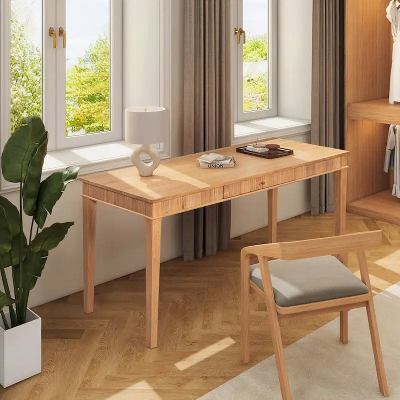 Natural Blonde Fluted Rubberwood Writing Desk with 1 Drawer and Gold Pulls for 1 Person