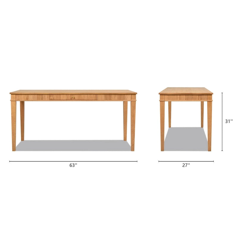 Natural Blonde Fluted Rubberwood Writing Desk with 1 Drawer and Gold Pulls for 1 Person