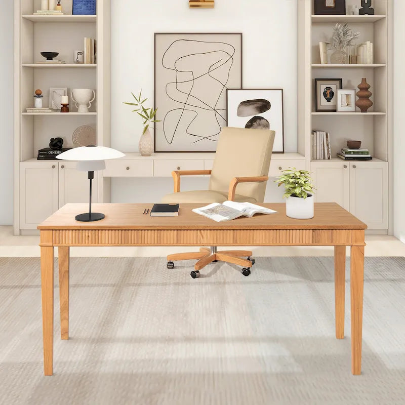 Natural Blonde Fluted Rubberwood Writing Desk with 1 Drawer and Gold Pulls for 1 Person