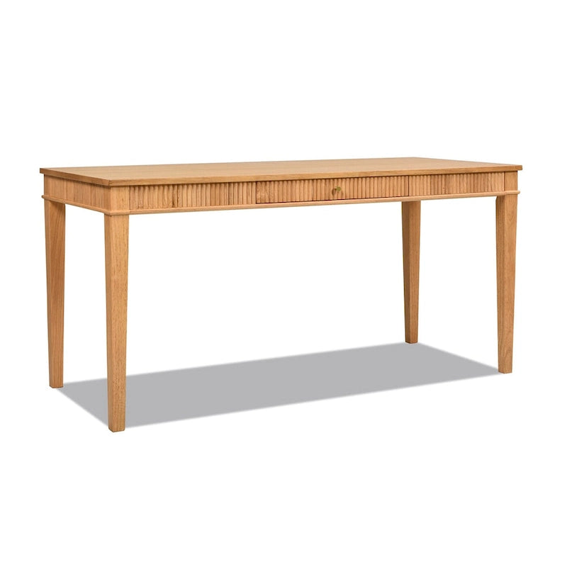Natural Blonde Fluted Rubberwood Writing Desk with 1 Drawer and Gold Pulls for 1 Person