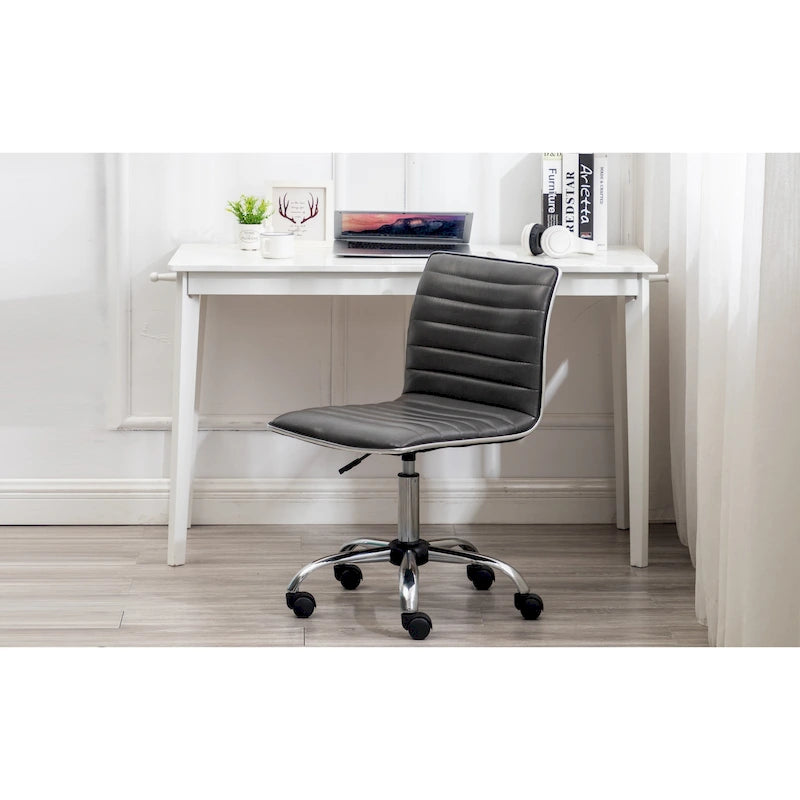 Grey Faux Leather Mid-Back Armless Swivel Task Chair with Lumbar Support for 1 Person