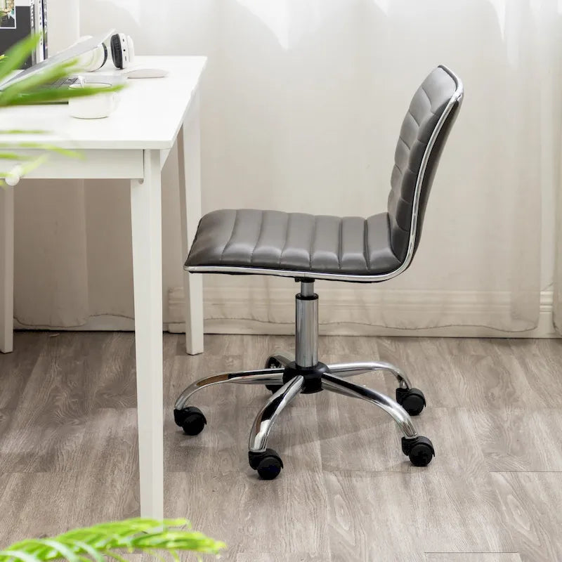 Grey Faux Leather Mid-Back Armless Swivel Task Chair with Lumbar Support for 1 Person