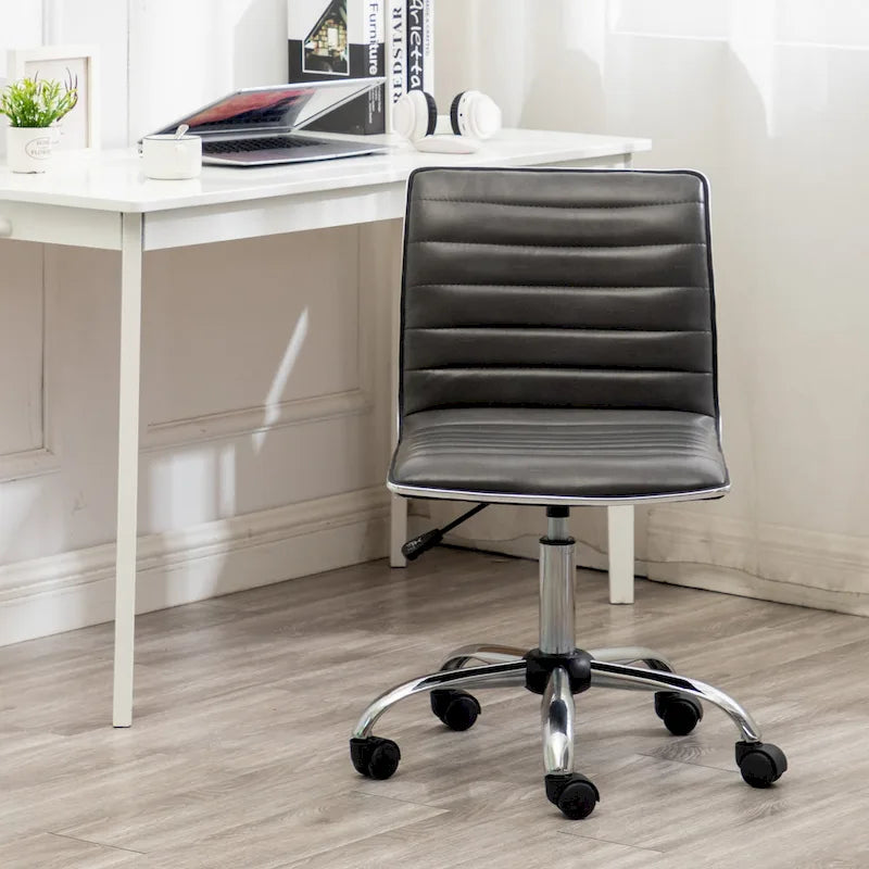 Grey Faux Leather Mid-Back Armless Swivel Task Chair with Lumbar Support for 1 Person