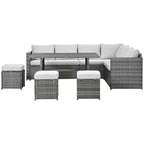 Outsunny 7-teiliges Terrassenmöbel-Set, L-förmiges Outdoor-Ecksofa mit 3 Zweisitzern, 3 Ottomanen, Esstisch, Kissen, Stauraum