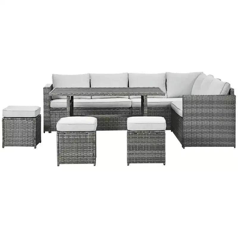 Outsunny 7-teiliges Terrassenmöbel-Set, L-förmiges Outdoor-Ecksofa mit 3 Zweisitzern, 3 Ottomanen, Esstisch, Kissen, Stauraum