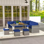 Outsunny 7-teiliges Terrassenmöbel-Set, L-förmiges Outdoor-Ecksofa mit 3 Zweisitzern, 3 Ottomanen, Esstisch, Kissen, Stauraum