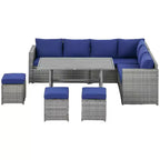 Outsunny 7-teiliges Terrassenmöbel-Set, L-förmiges Outdoor-Ecksofa mit 3 Zweisitzern, 3 Ottomanen, Esstisch, Kissen, Stauraum