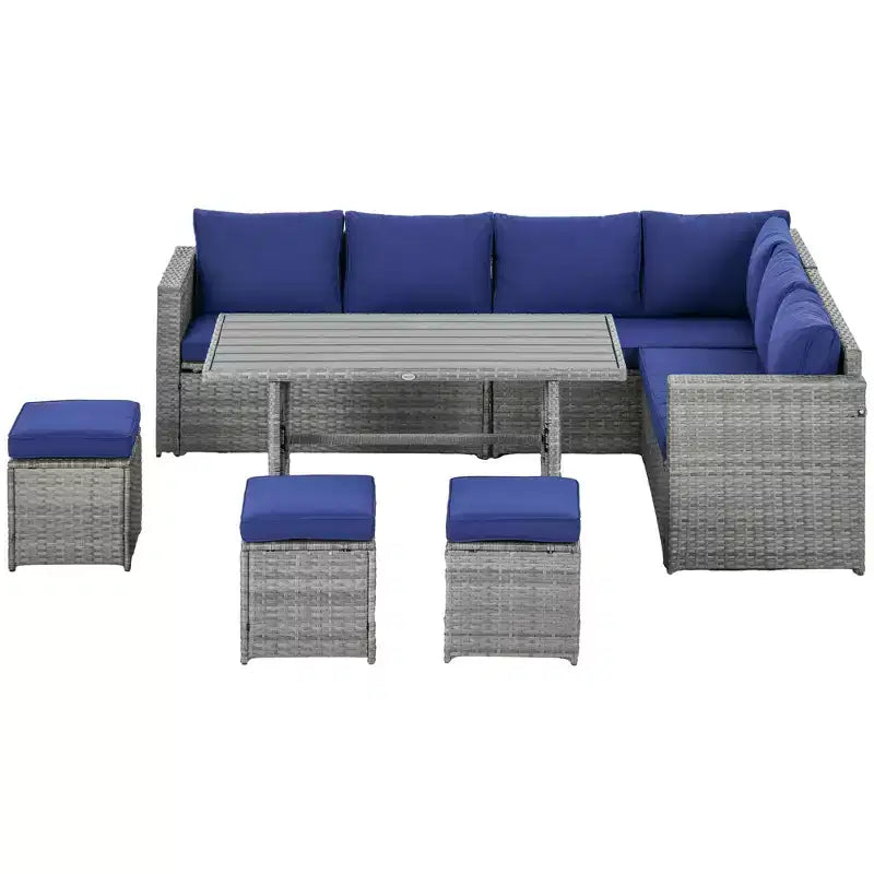 Outsunny 7-teiliges Terrassenmöbel-Set, L-förmiges Outdoor-Ecksofa mit 3 Zweisitzern, 3 Ottomanen, Esstisch, Kissen, Stauraum
