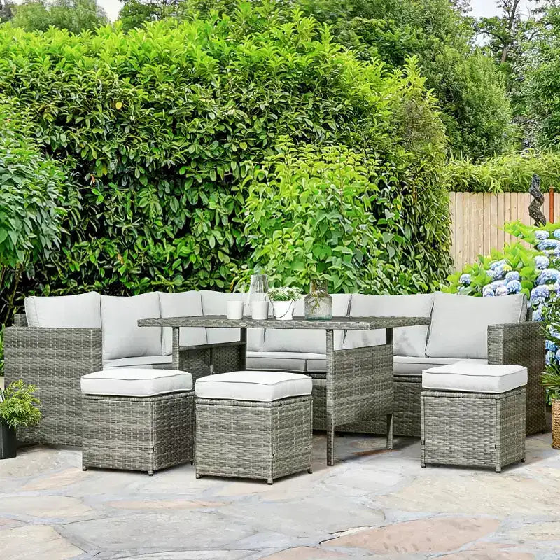 Outsunny 7-teiliges Terrassenmöbel-Set, L-förmiges Outdoor-Ecksofa mit 3 Zweisitzern, 3 Ottomanen, Esstisch, Kissen, Stauraum