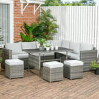 Outsunny 7-teiliges Terrassenmöbel-Set, L-förmiges Outdoor-Ecksofa mit 3 Zweisitzern, 3 Ottomanen, Esstisch, Kissen, Stauraum