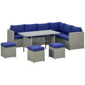 Outsunny 7 Piece Patio Furniture Set, Outdoor L-Shaped Sectional Sofa with 3 Loveseats, 3 Ottoman Chairs, Dining Table, Cushions, Storage