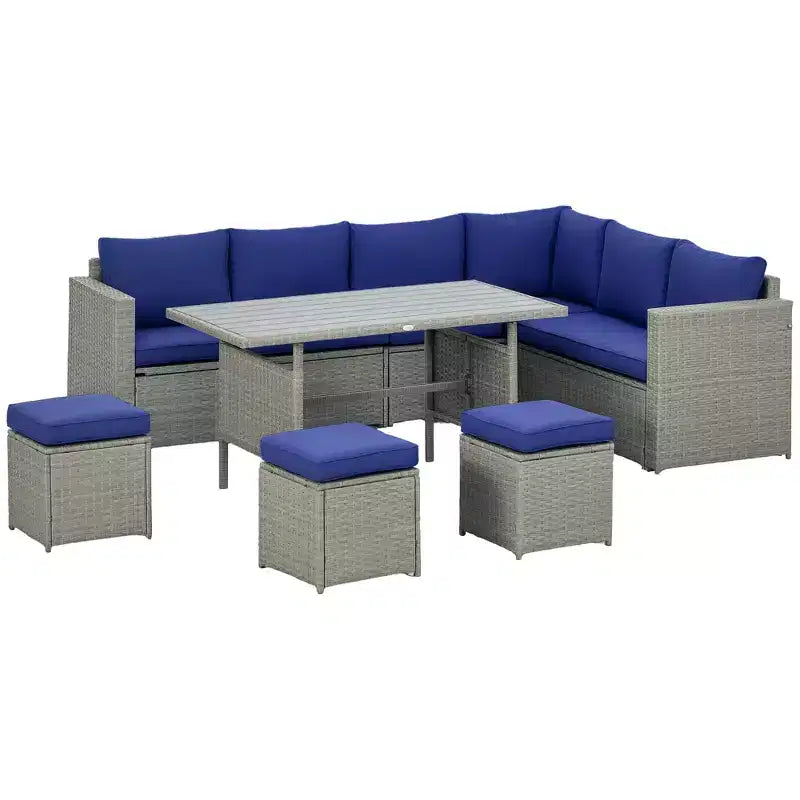 Outsunny 7 Piece Patio Furniture Set, Outdoor L-Shaped Sectional Sofa with 3 Loveseats, 3 Ottoman Chairs, Dining Table, Cushions, Storage