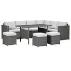 Outsunny 7-teiliges Terrassenmöbel-Set, L-förmiges Outdoor-Ecksofa mit 3 Zweisitzern, 3 Ottomanen, Esstisch, Kissen, Stauraum